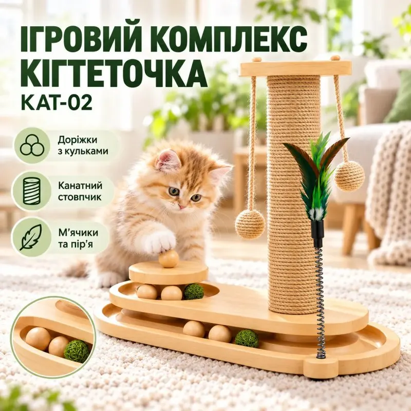 Ігровий комплекс-когтеточка для котів KAT-02 з м'ячиками та пір'ям