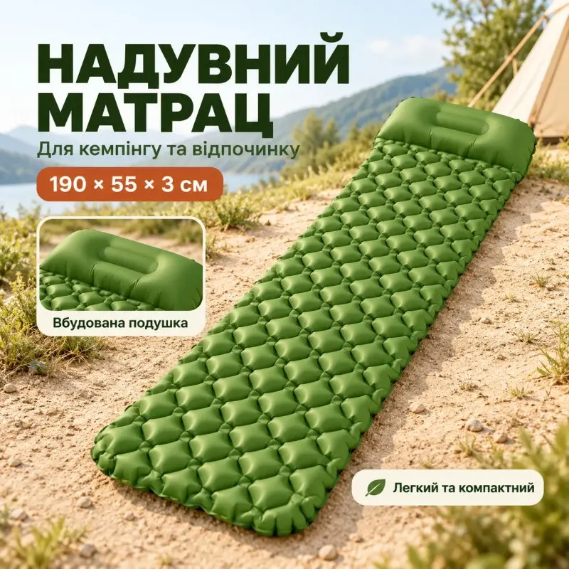 Надувний матрац у намет із подушкою туристичний матрац 190×55 см Зелений