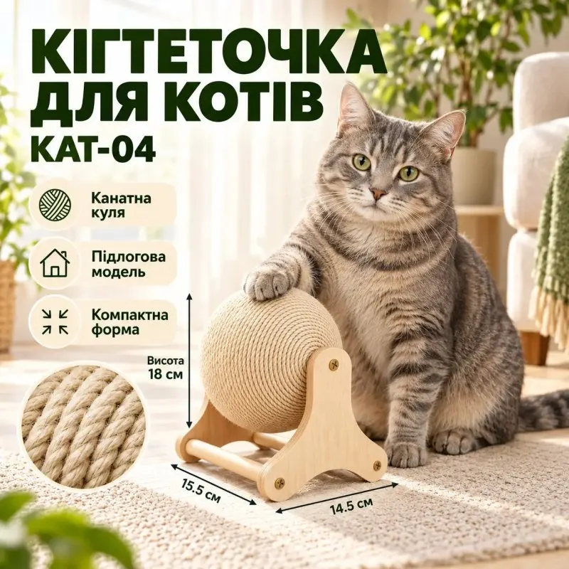 Когтеточка-Куля для котів Велика канатна куля на підставці для підлоги KAT-04
