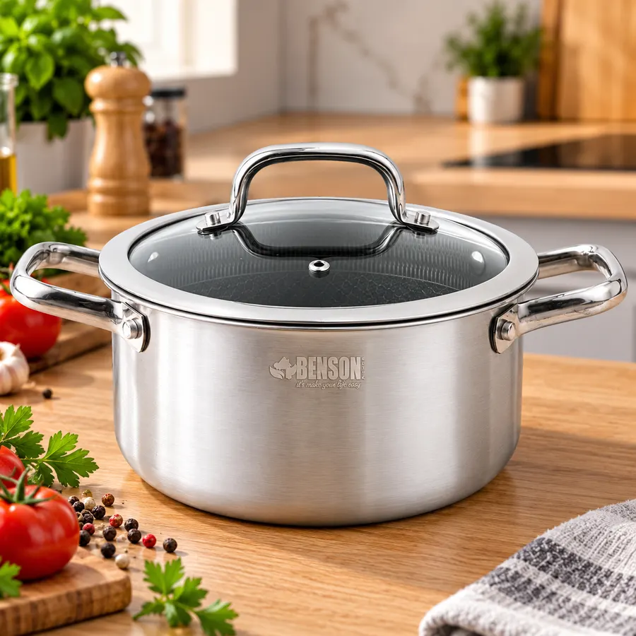 Каструля з нержавіючої сталі з кришкою 3,8л 22см / Каструля Benson з антипригарним покриттям