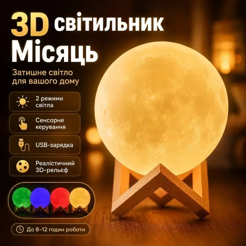 УЦІНКА! Світильник-нічник 3D шар Місяць Moon Lamp на дерев'яній підставці 15 см (Плохе паковання 3786)