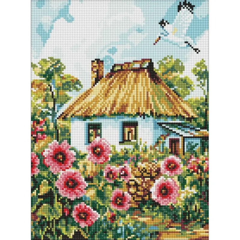 Алмазна мозаїка "Мальви біля хати" ©art_selena_ua Ідейка AMO8266, 30х40 см