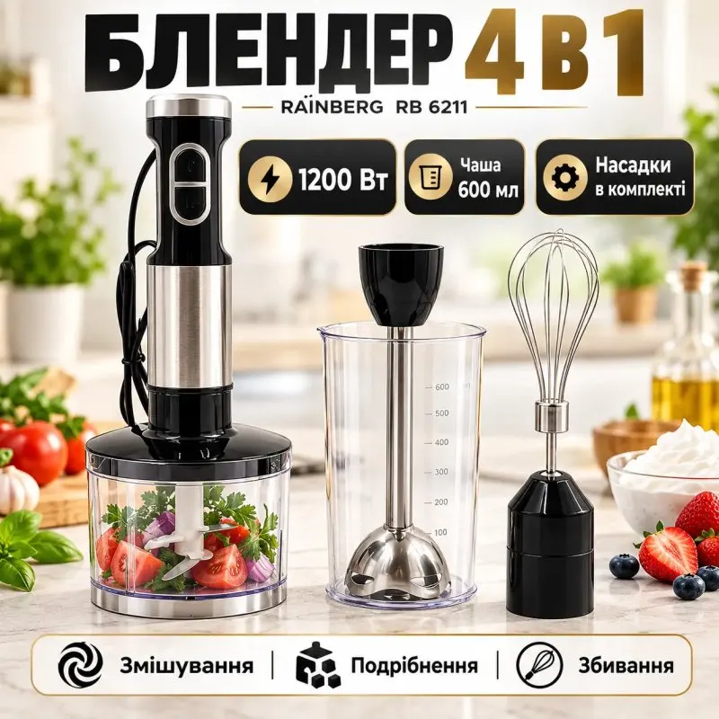 УЦІНКА! Блендер заглибний 4в1, 1200 Вт, RAINBERG RB 6211, Чорний/Блендер з чашею та насадками (Пошкодження мірної склянки 3766)