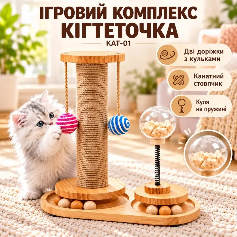 Ігровий комплекс-когтеточка для котів KAT-01 з м'ячиками та кулею на пружині