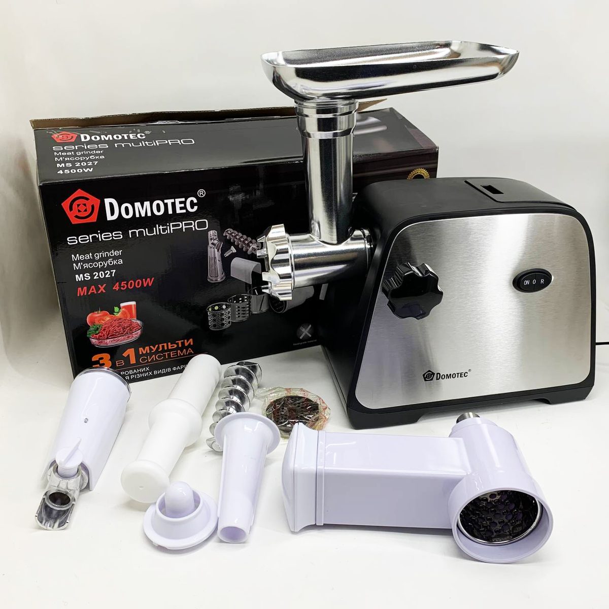 Електрична м'ясорубка Domotec MS-2027 4500 Вт з насадкою для томатів, ковбас та терками