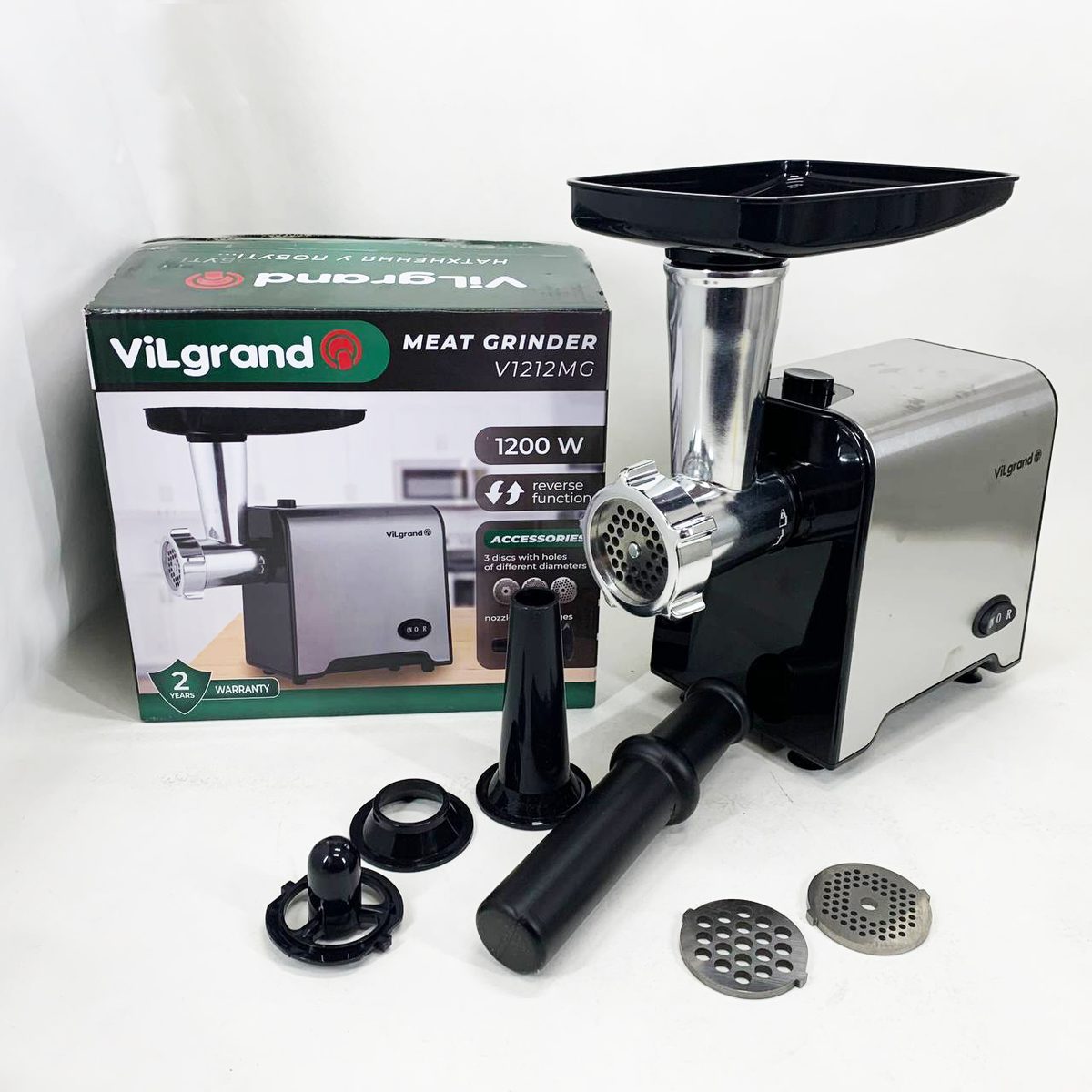 М'ясорубка електрична з нержавіючої сталі VILGRAND V1212MG сталева 1200 Вт