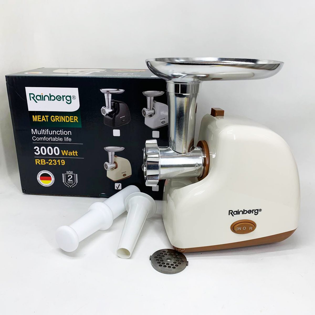 М'ясорубка електрична Rainberg RB-2319 із системою реверсу насадка куббе 3000Вт Beige