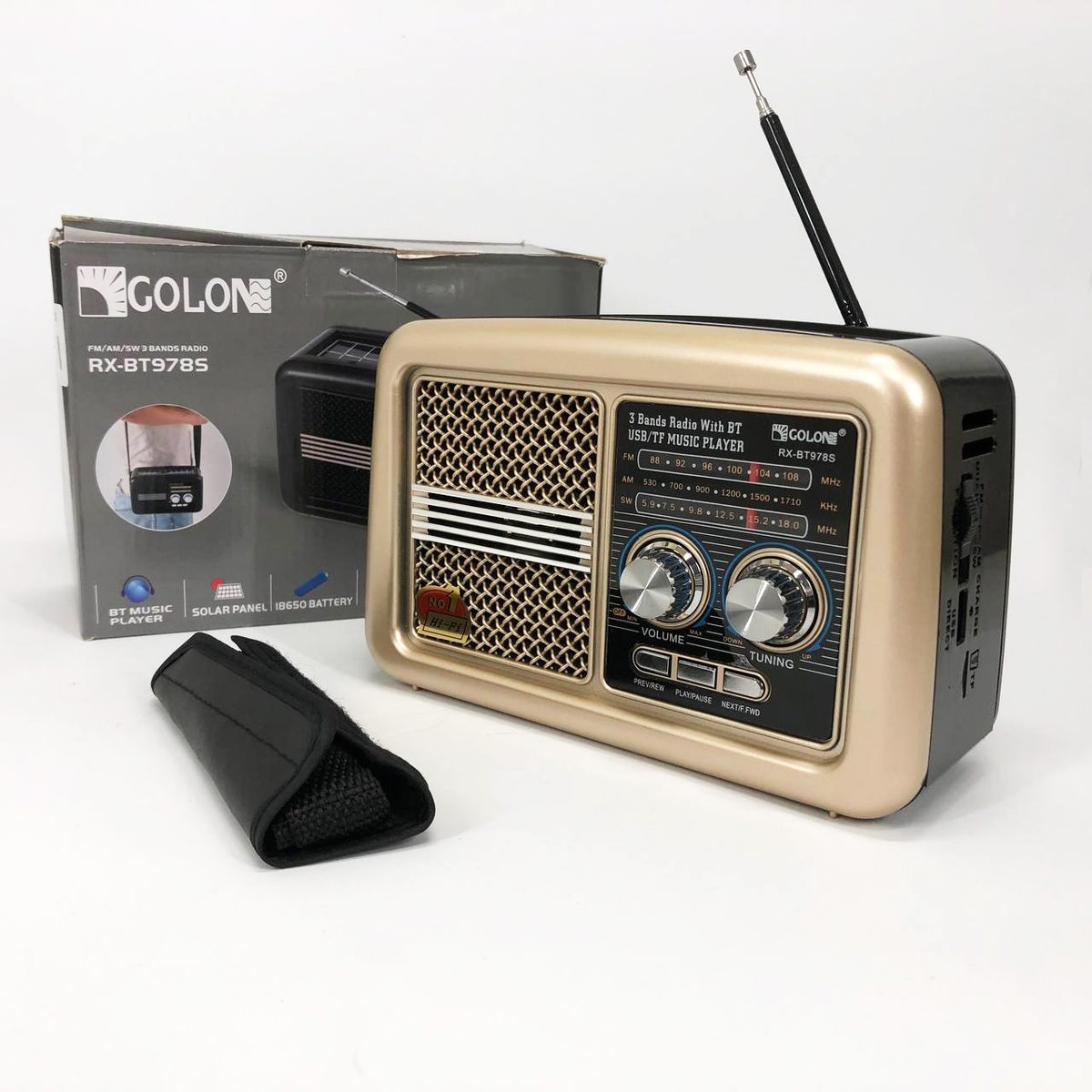 Радіо приймач Golon RX-BT978S сонячна панель AUX 3.5mm, Радіо приймач з акумулятором Beige