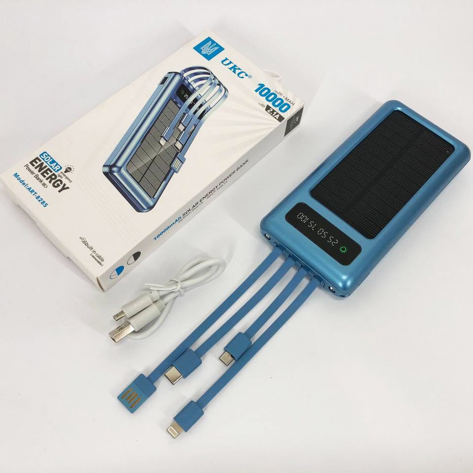 Портативний зарядний пристрій на 10000 mAh, Power Bank на сонячній батареї, заряджання. Колір: синій