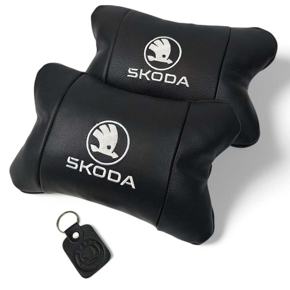 Автомобільні подушки 2 шт на підголівник Skoda / Шкода, з натуральної шкіри, стильний аксесуар для вашого авто